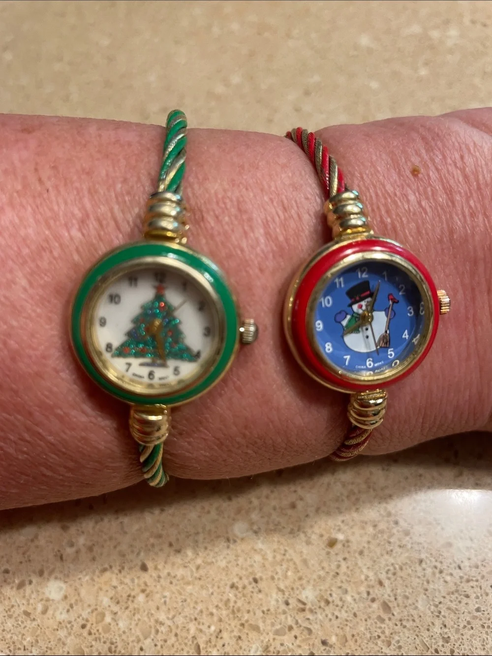 Holiday Bracelet Watches — Green Christmas Tree & Red Snowman Dials